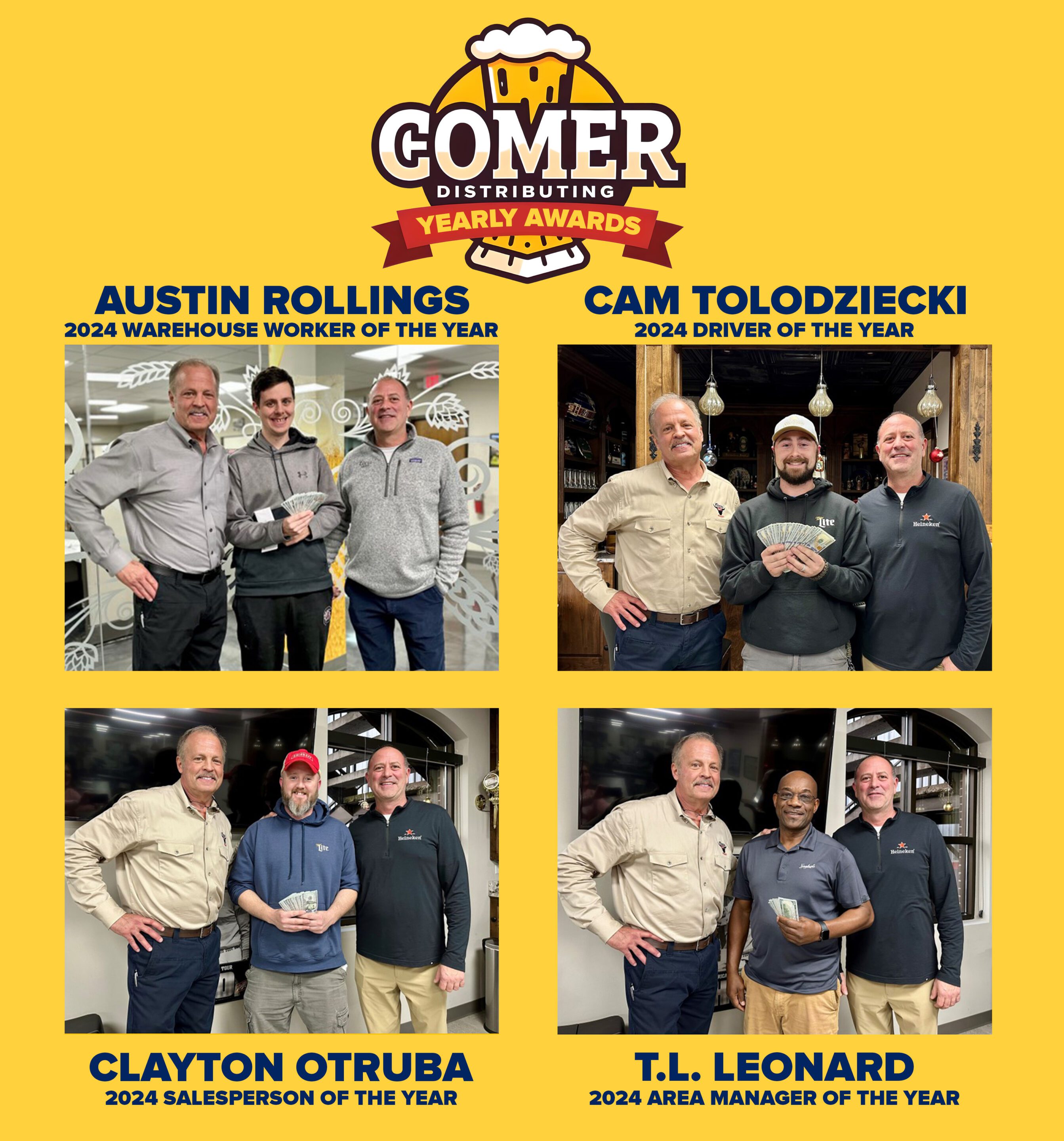 A picture congratulating our 4 top employees of the year - Austin Rollings, warehouse worker of the year, Cam Tolodziecki, driver of the year, Clayton Otruba, salesperson of the year, and TL Leonard, area manager of the year.